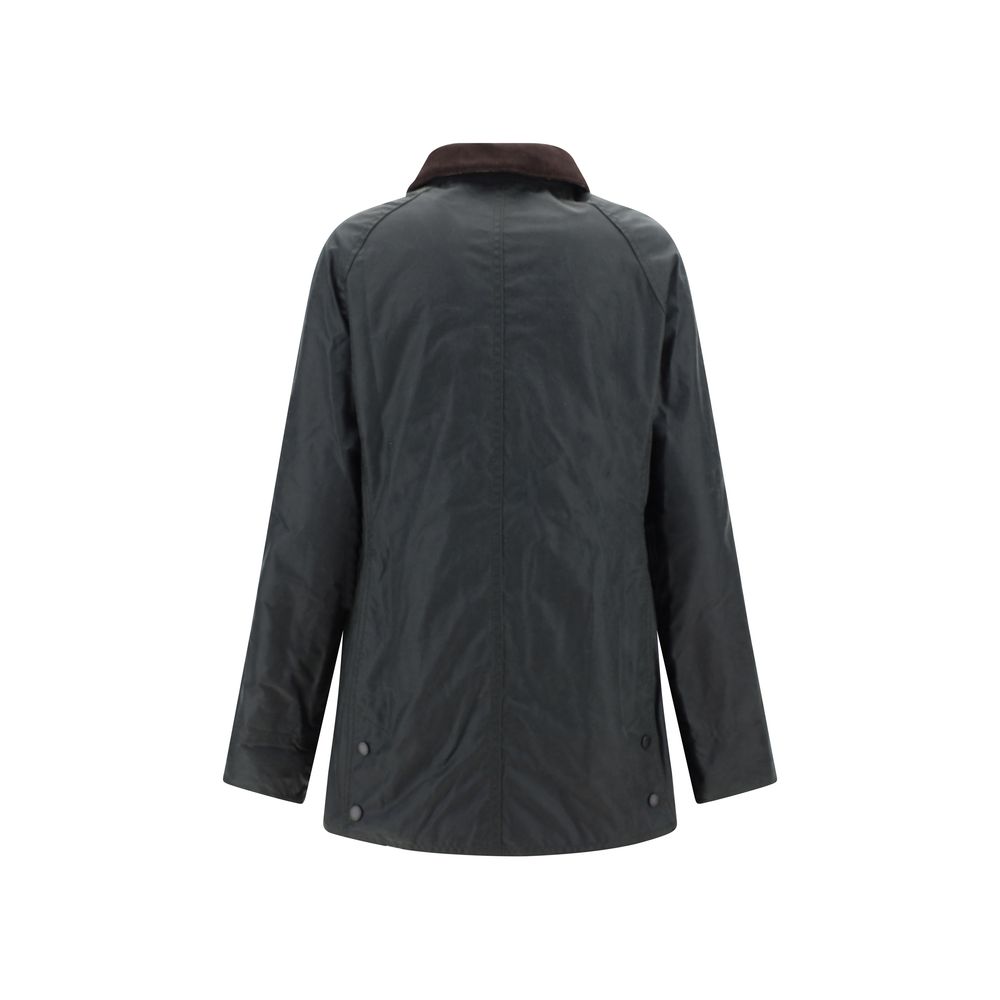 Back view of Barbour Breadnell waxed Jacket in green, showcasing its tailored fit and durable waxed cotton fabric for women.