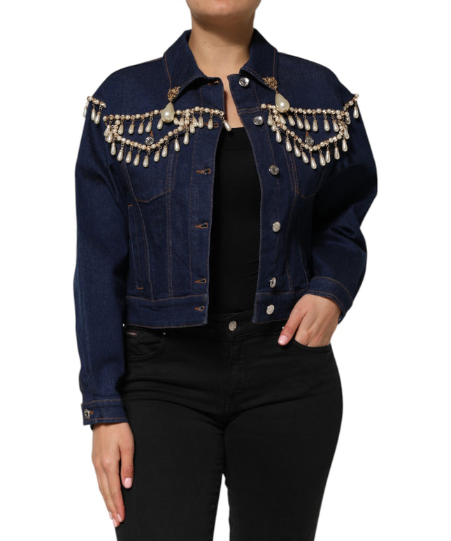 Dolce & Gabbana Blue Cotton Denim Crystal Embellished Jacket