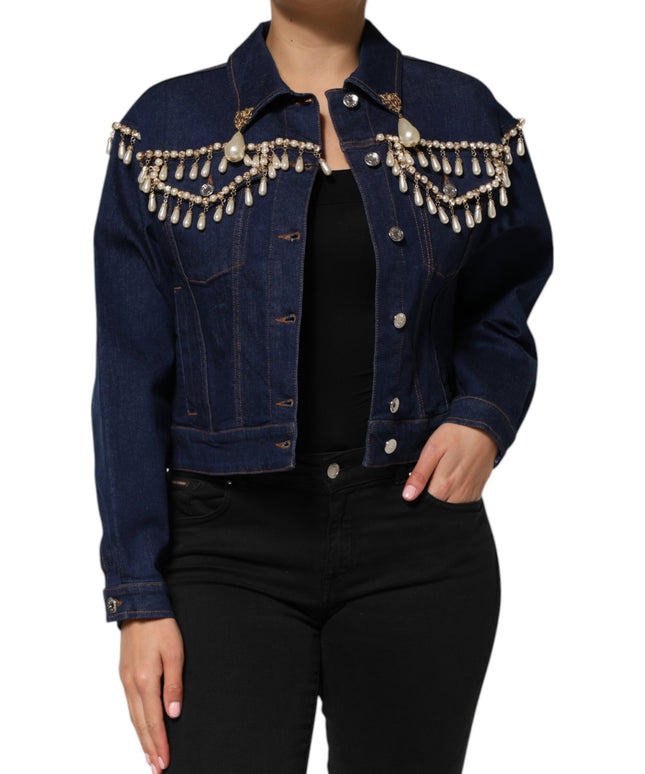 Dolce & Gabbana Blue Cotton Denim Crystal Embellished Jacket
