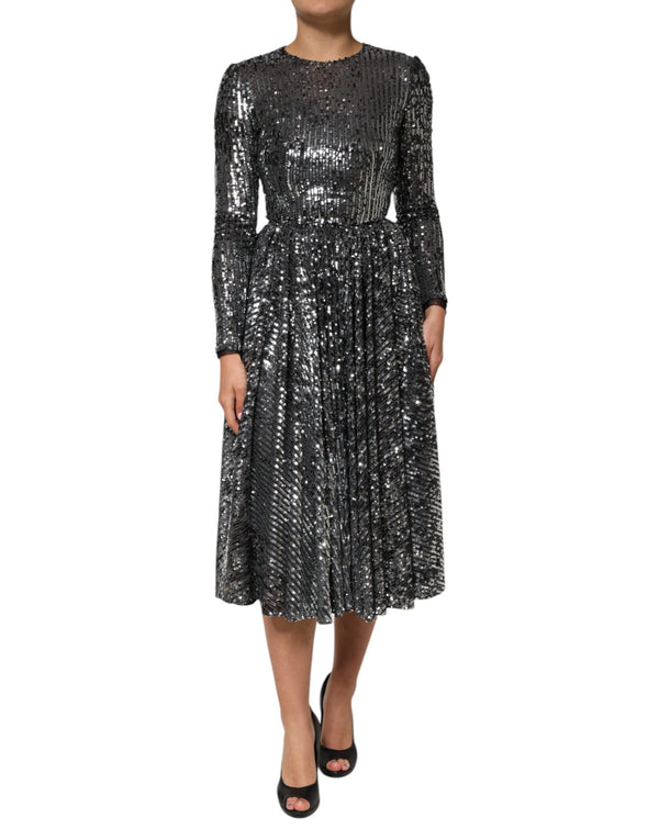 Dolce & Gabbana Black Sequined Long Sleeves Midi A-lineDress