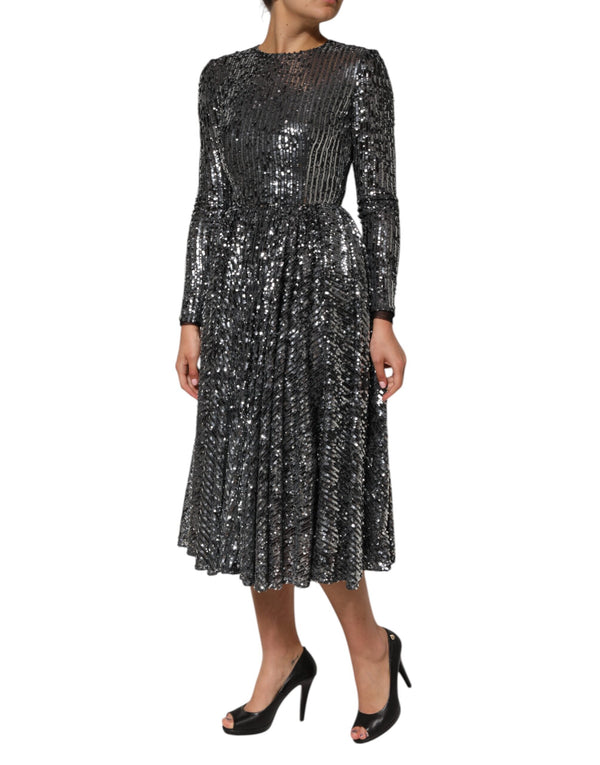 Dolce & Gabbana Black Sequined Long Sleeves Midi A-lineDress