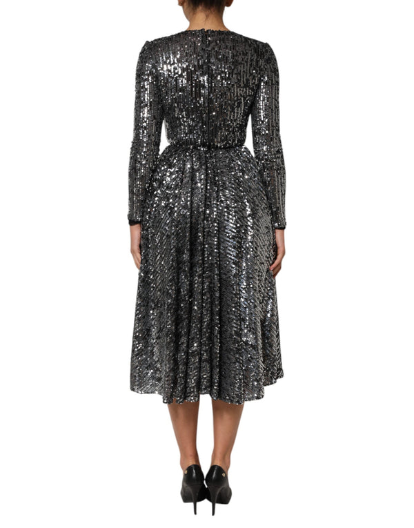 Dolce & Gabbana Black Sequined Long Sleeves Midi A-lineDress
