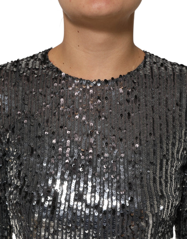 Dolce & Gabbana Black Sequined Long Sleeves Midi A-lineDress