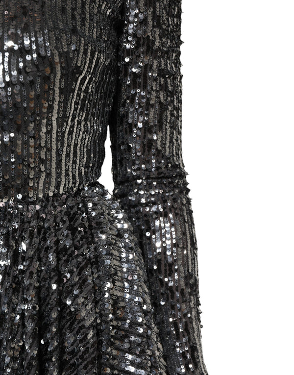 Dolce & Gabbana Black Sequined Long Sleeves Midi A-lineDress