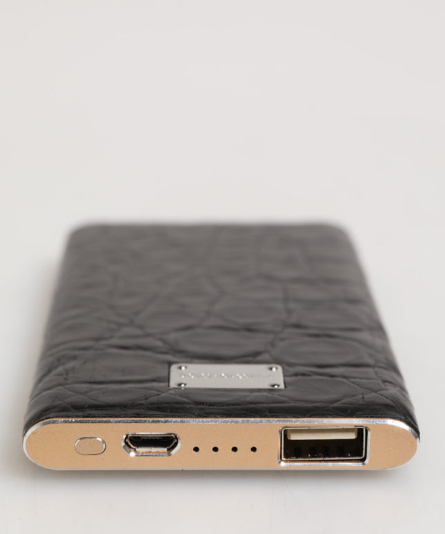 Dolce & Gabbana Black Leather Exotic Skin 3000mAh Power Bank Charger USB