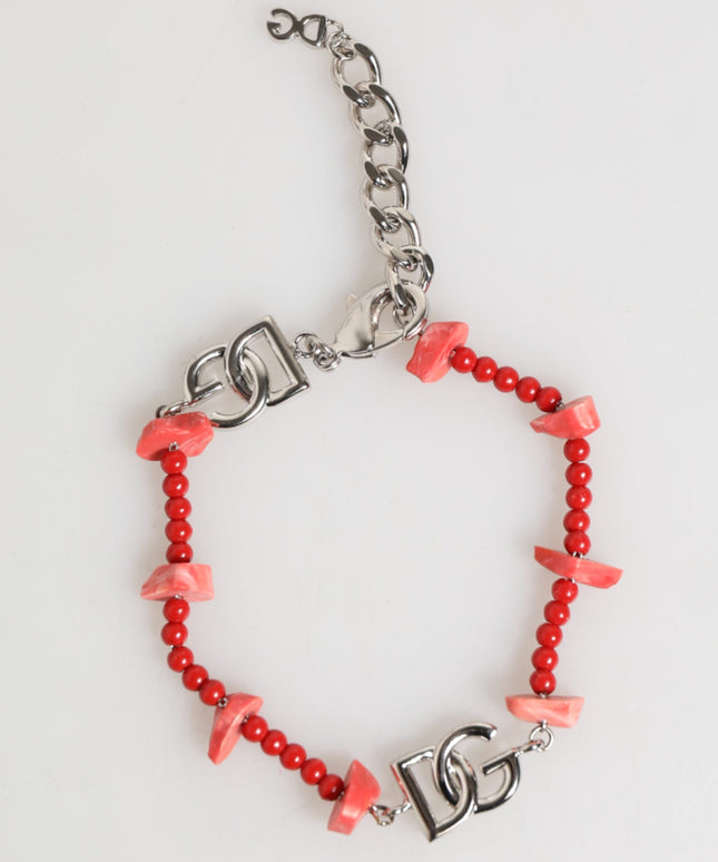 Dolce & Gabbana Silver Tone Brass Beaded Resin DG Logo Chain Men Bracelet