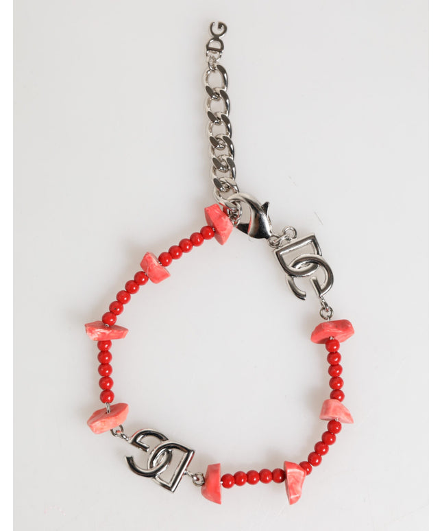 Dolce & Gabbana Silver Tone Brass Beaded Resin DG Logo Chain Men Bracelet