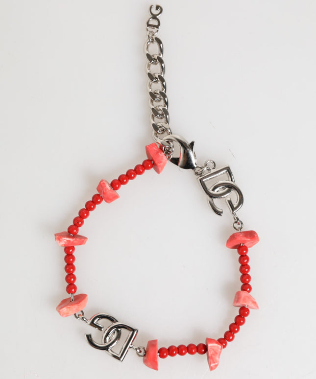 Dolce & Gabbana Silver Tone Brass Beaded Resin DG Logo Chain Men Bracelet