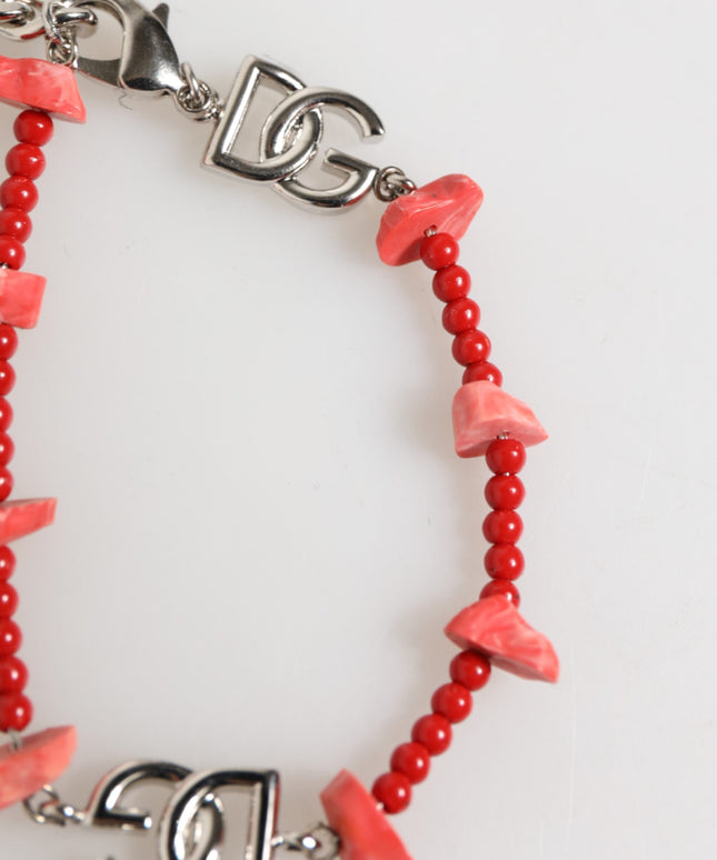 Dolce & Gabbana Silver Tone Brass Beaded Resin DG Logo Chain Men Bracelet