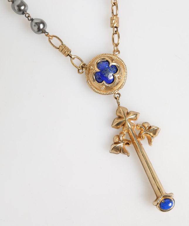 Dolce & Gabbana Gold Tone Beaded Chain Religious Cross Necklace