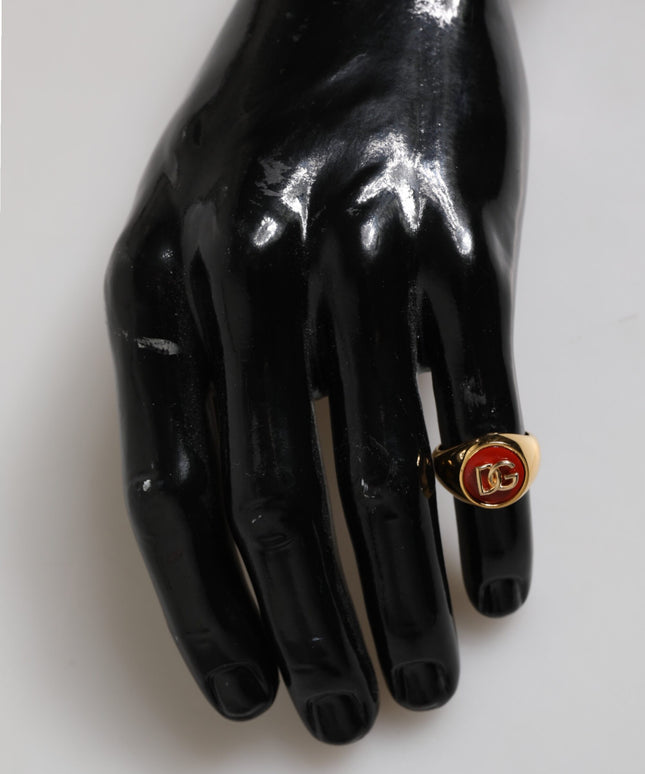 Dolce & Gabbana Gold Tone Real Brass Red DG Logo Men Ring