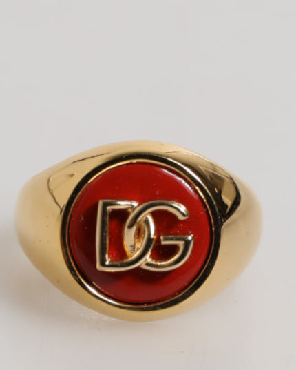 Dolce & Gabbana Gold Tone Real Brass Red DG Logo Men Ring