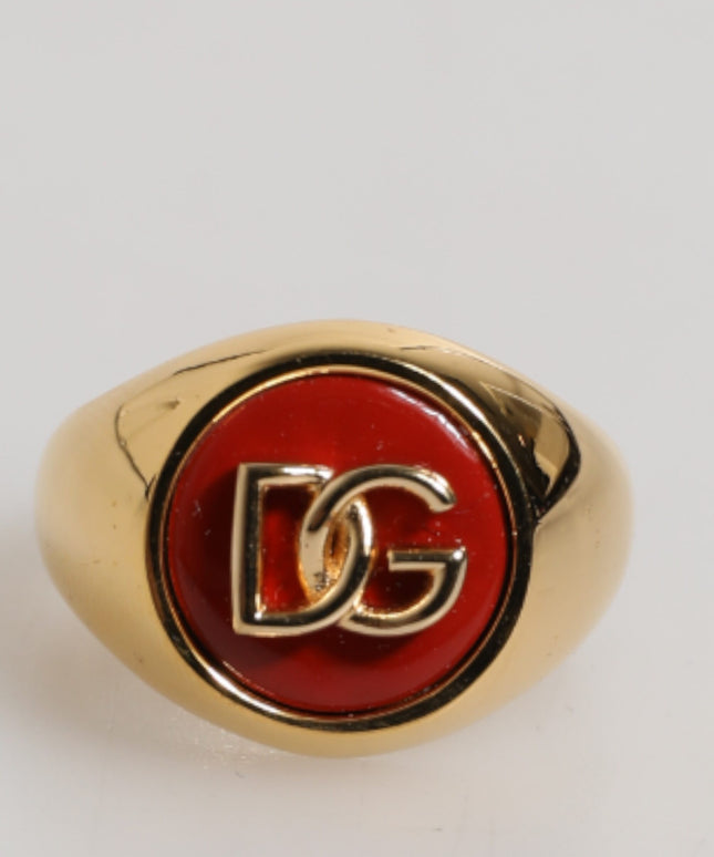 Dolce & Gabbana Gold Tone Real Brass Red DG Logo Men Ring