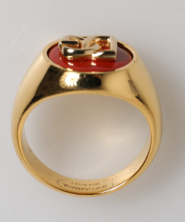 Dolce & Gabbana Gold Tone Real Brass Red DG Logo Men Ring