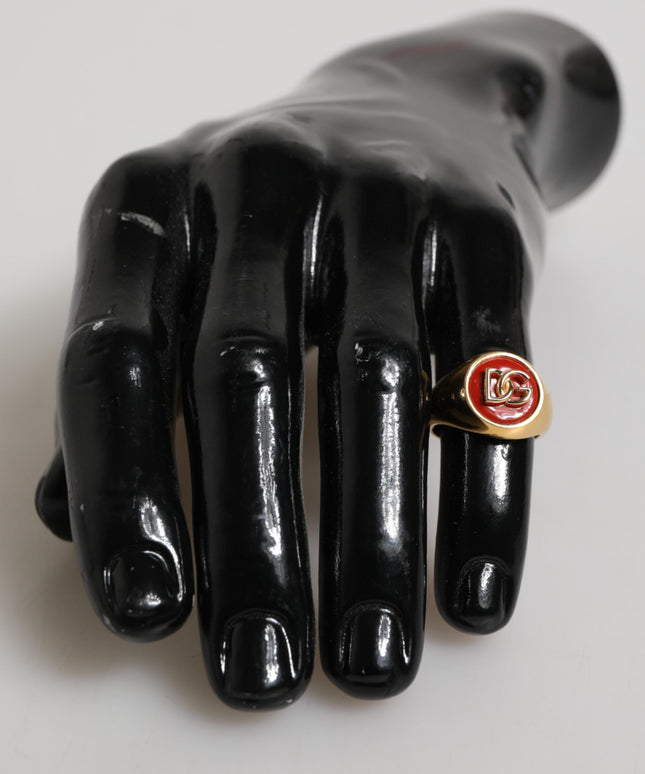 Dolce & Gabbana Gold Tone Real Brass Red DG Logo Men Ring