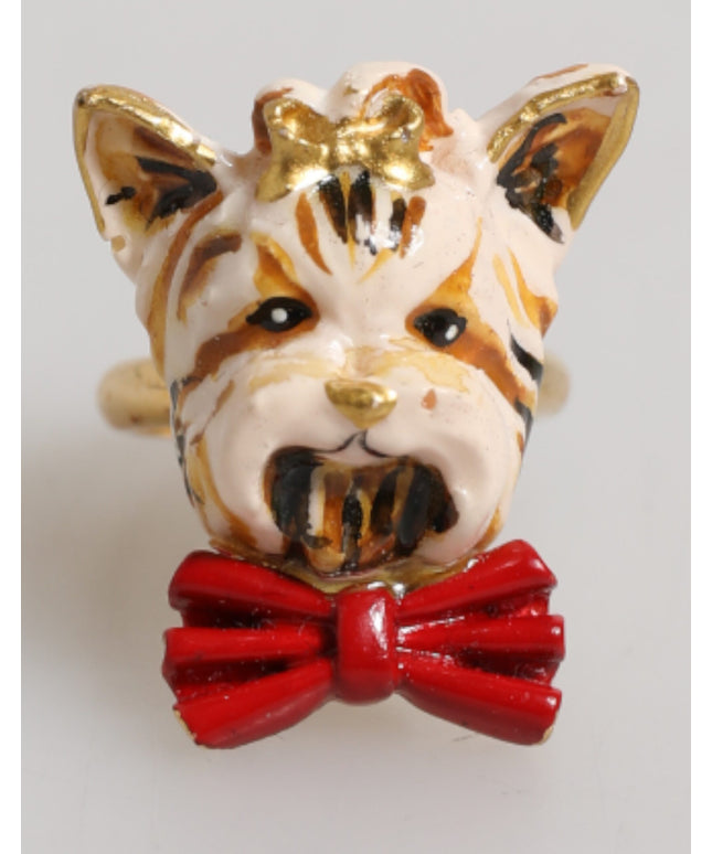 Dolce & Gabbana Gold Brass Resin Beige Dog Pet Accessory Ring