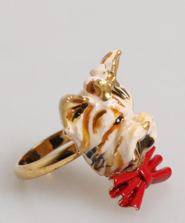 Dolce & Gabbana Gold Brass Resin Beige Dog Pet Accessory Ring