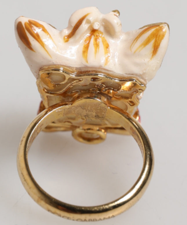 Dolce & Gabbana Gold Brass Resin Beige Dog Pet Accessory Ring
