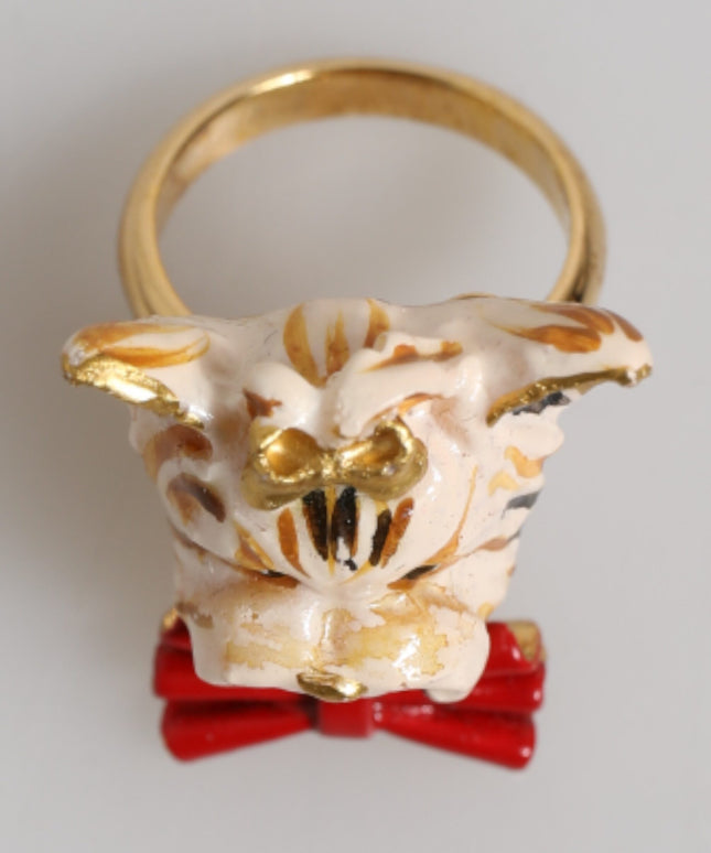 Dolce & Gabbana Gold Brass Resin Beige Dog Pet Accessory Ring