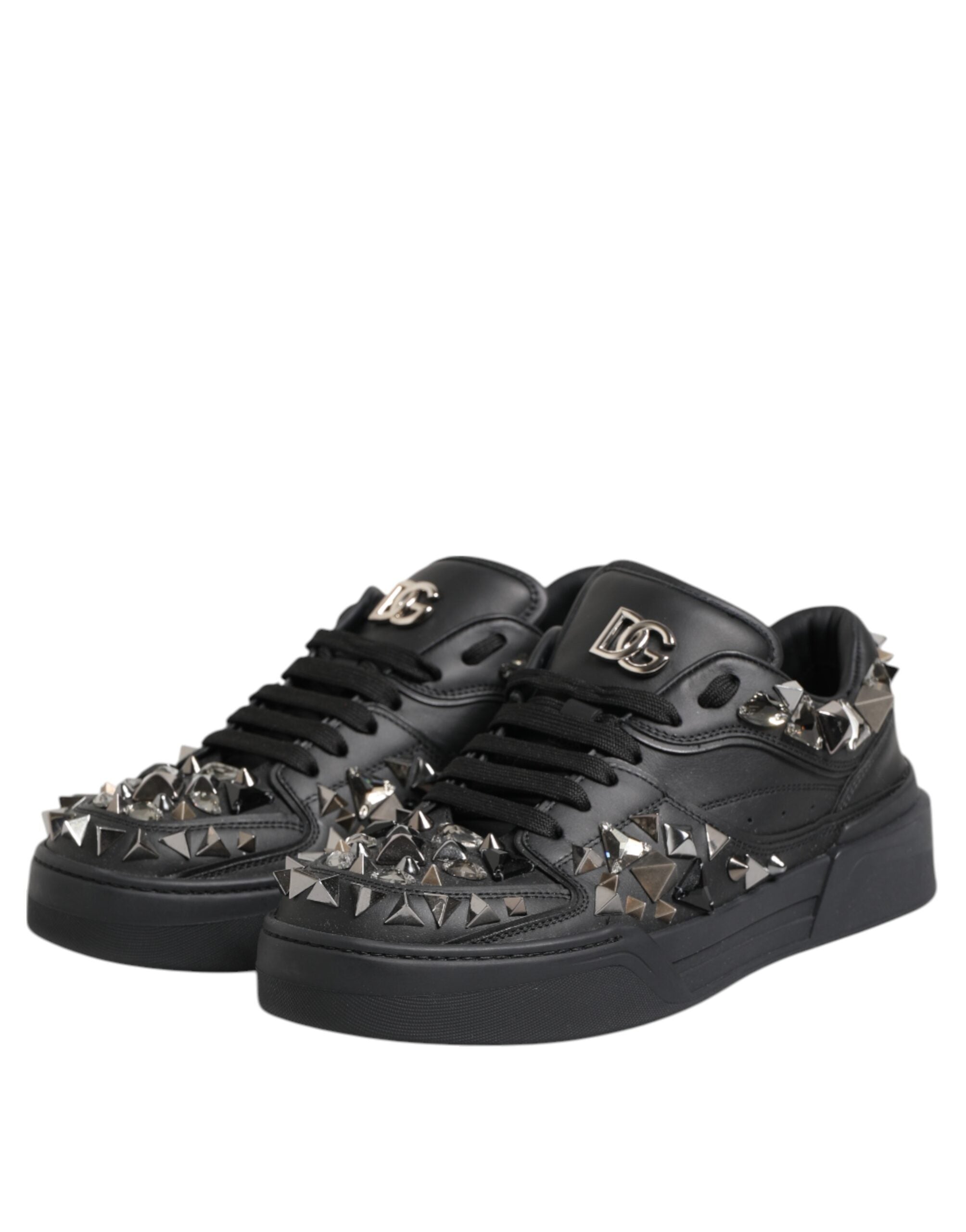 Dolce & Gabbana Black Leather Studded Low Top Sneakers Shoes