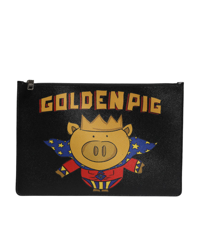 Dolce & Gabbana Black Leather Golden Pig Print Men Clutch Pouch Borse Bag