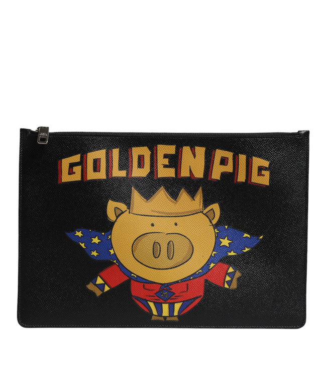 Dolce & Gabbana Black Leather Golden Pig Print Men Clutch Pouch Borse Bag