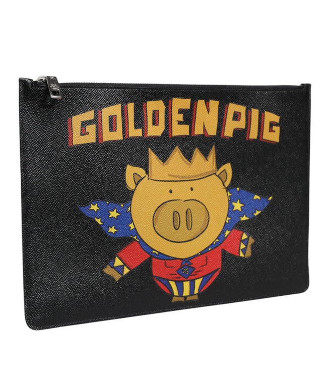 Dolce & Gabbana Black Leather Golden Pig Print Men Clutch Pouch Borse Bag