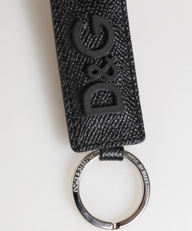 Dolce & Gabbana Black Leather Logo Metal Ring Keychain Holder Keyring
