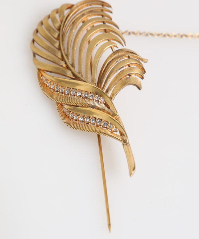 Dolce & Gabbana Gold Tone Leaf 925 Sterling Silver Crystal Chain Brooch