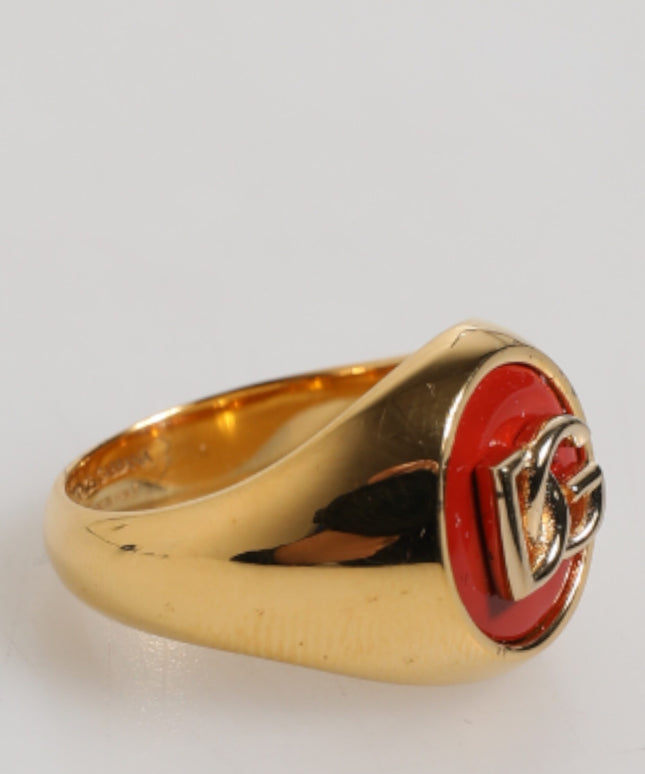 Dolce & Gabbana Gold Tone Real Brass Round Red DG Logo Men Ring