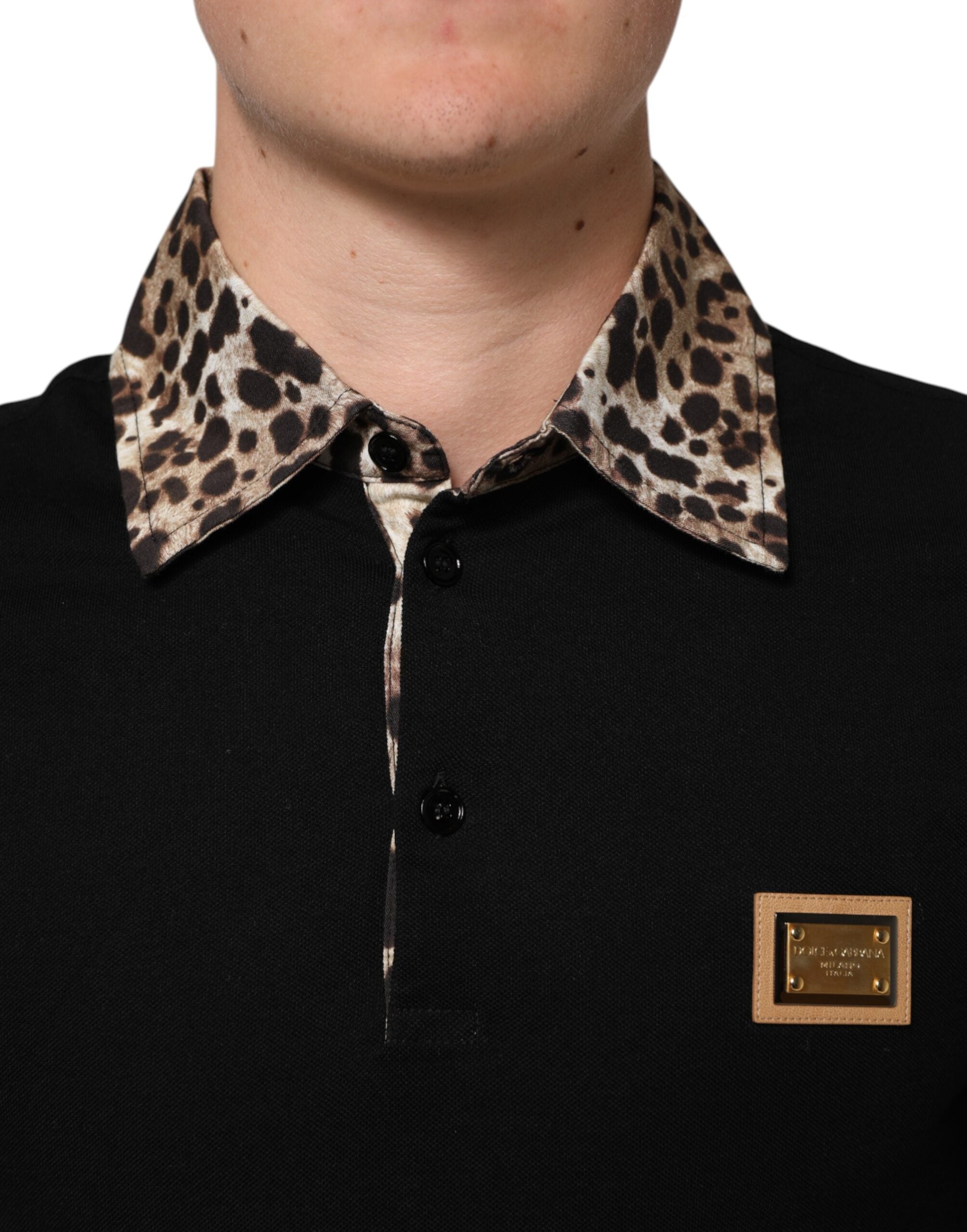 Dolce & Gabbana Black Cotton Leopard Collar Polo T-shirt