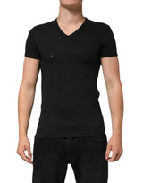 Dolce & Gabbana Black Cotton Tattered Logo V-Neck Men T-shirt