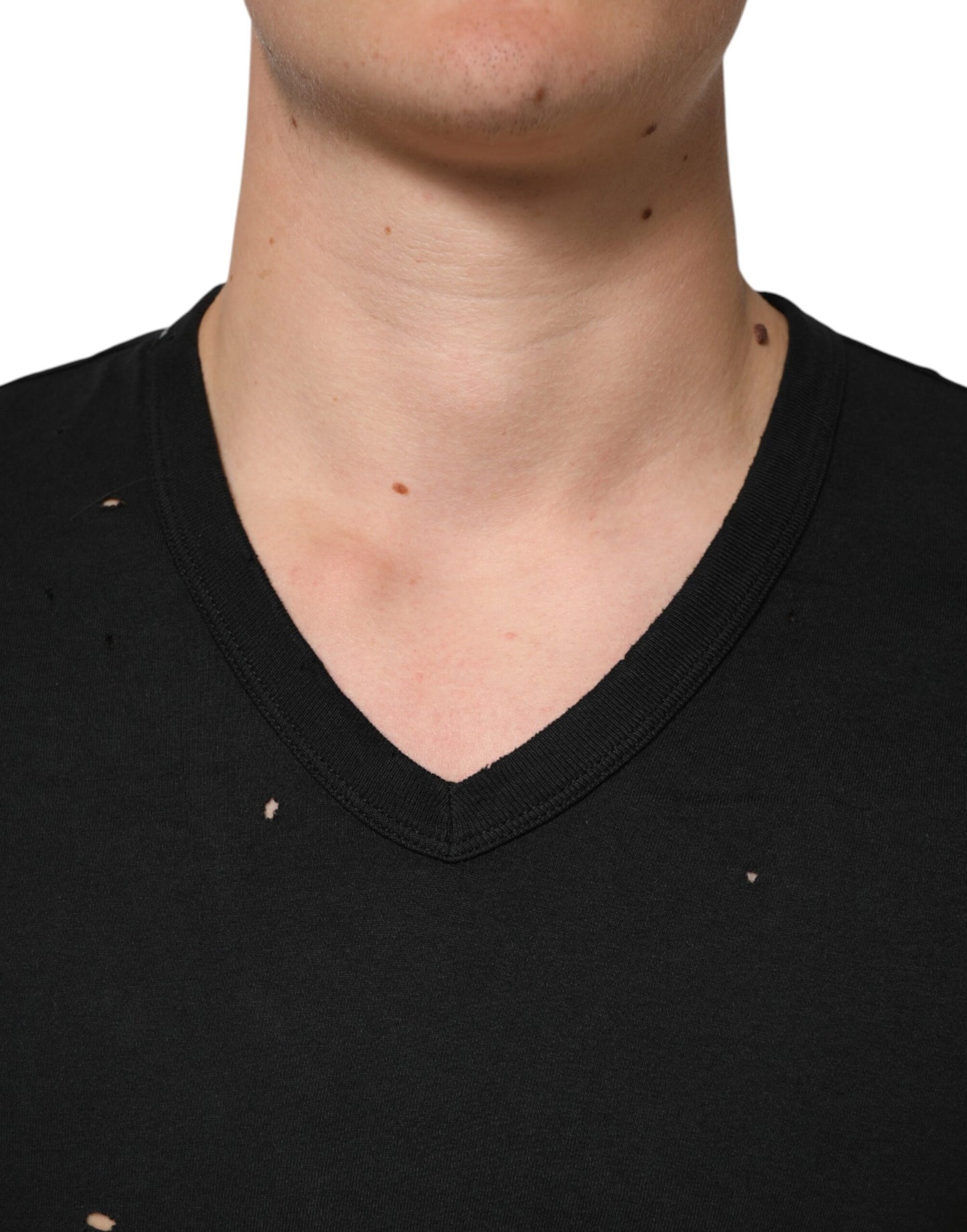 Dolce & Gabbana Black Cotton Tattered Logo V-Neck Men T-shirt