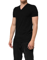 Dolce & Gabbana Black Cotton Slim Fit Men V-Neck Shirt T-shirt
