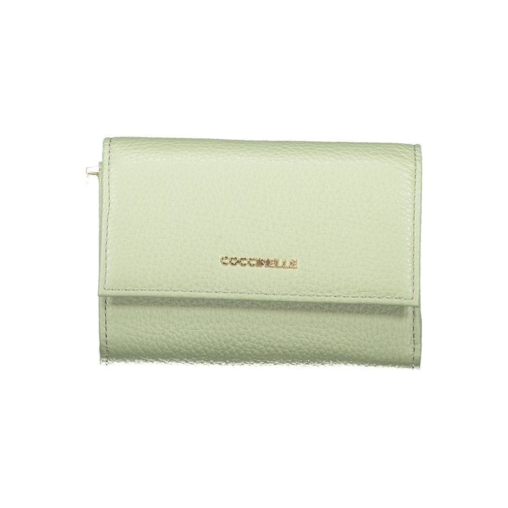 Coccinelle green leather women wallet with gold logo on front flap, compact design ideal for everyday accessories.