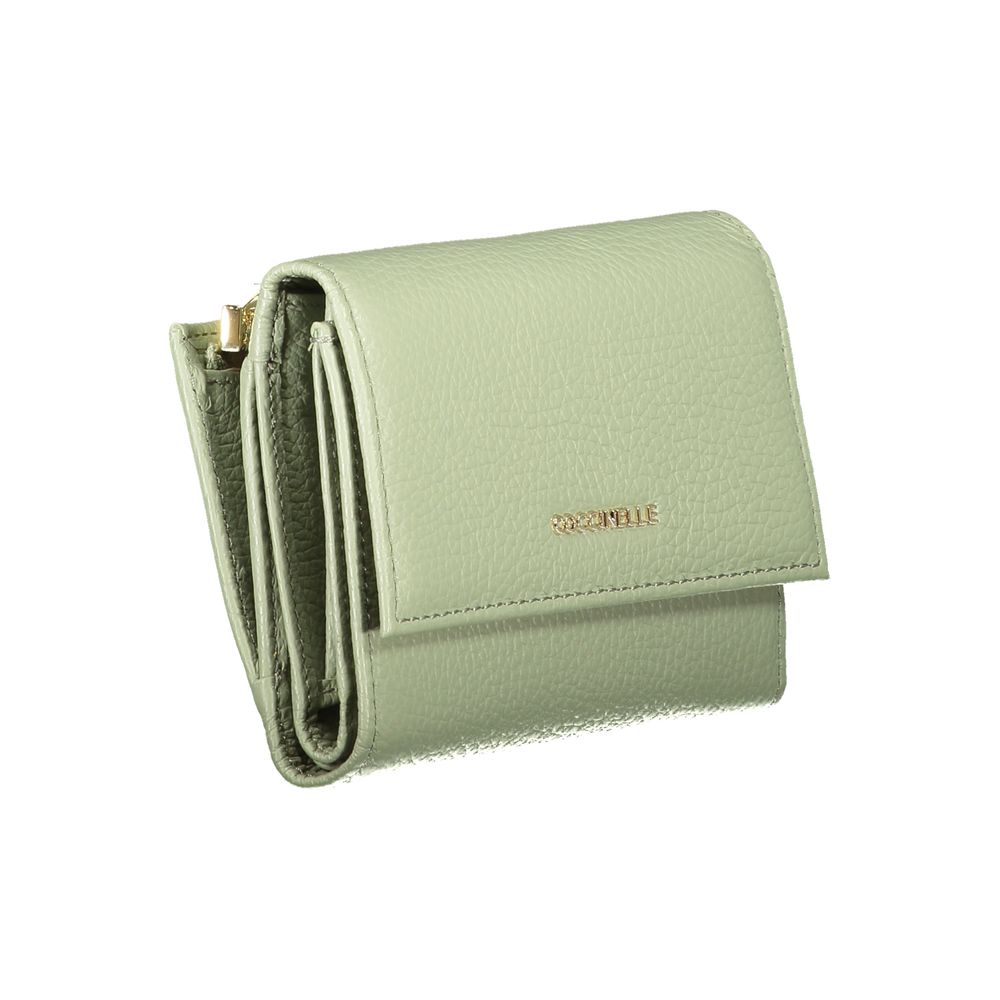 Side angle of Coccinelle green leather women wallet highlighting tri-fold structure and premium craftsmanship.