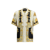 Versace Silk Shirt for men in multicolor with baroque gold and black print, short sleeves, and front button closure, size IT48 M.