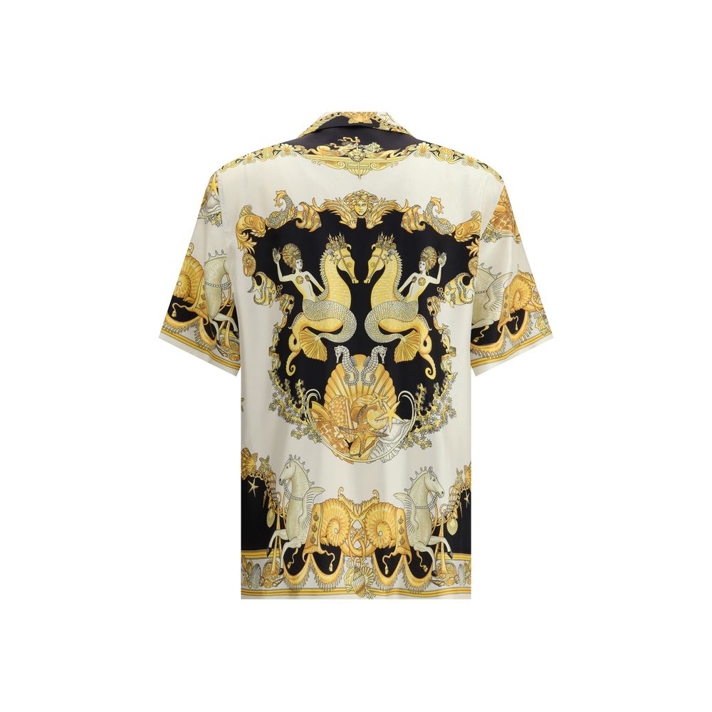 Back view of Versace Silk Shirt featuring ornate gold baroque motifs with mythical creatures on a black and cream background, men's size IT48 M.