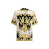 Back view of Versace Silk Shirt featuring ornate gold baroque motifs with mythical creatures on a black and cream background, men's size IT48 M.