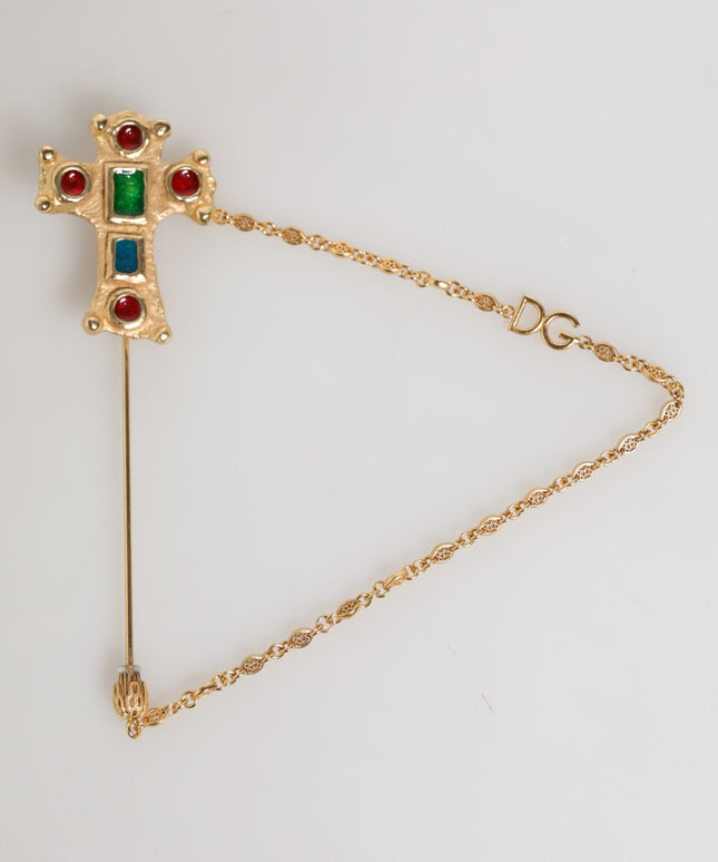 Dolce & Gabbana Lapel Pin Cross Logo Gold Chain Mens Accessories Brooch