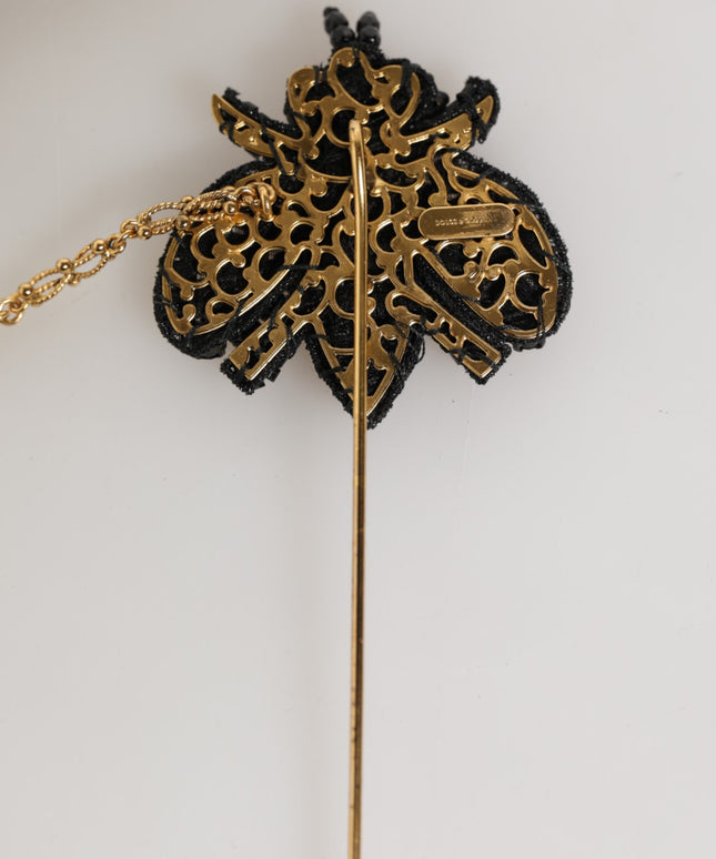 Dolce & Gabbana Lapel Pin Gold Brass Black Crystal Bee Accessories Brooch