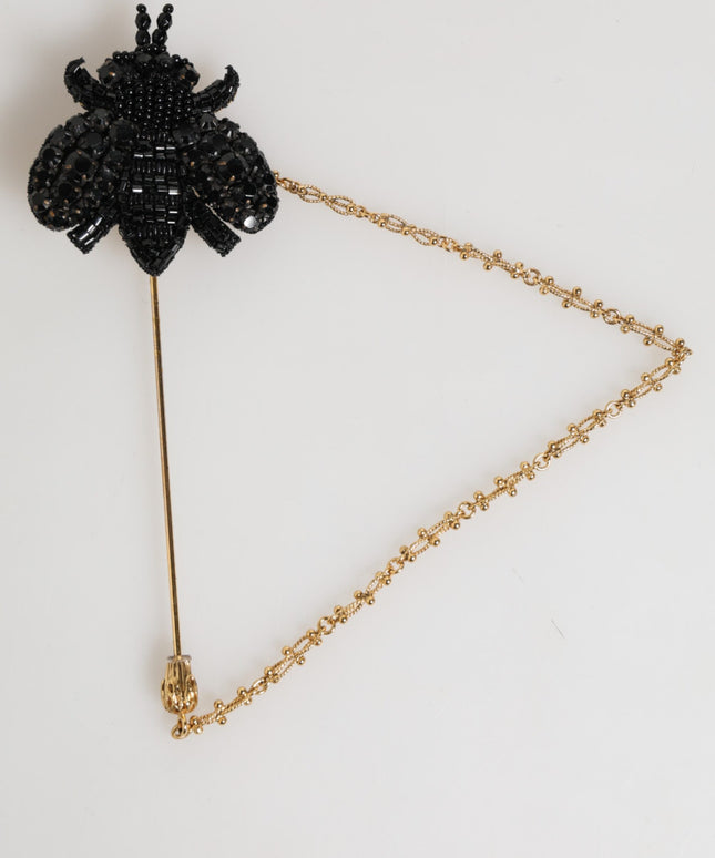 Dolce & Gabbana Lapel Pin Gold Brass Black Crystal Bee Accessories Brooch