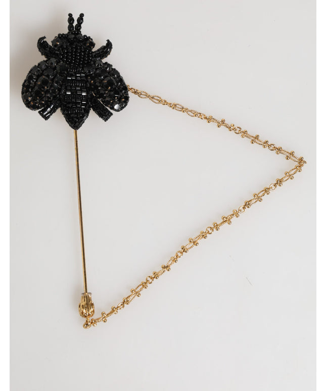 Dolce & Gabbana Lapel Pin Gold Brass Black Crystal Bee Accessories Brooch