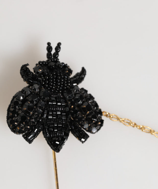 Dolce & Gabbana Lapel Pin Gold Brass Black Crystal Bee Accessories Brooch