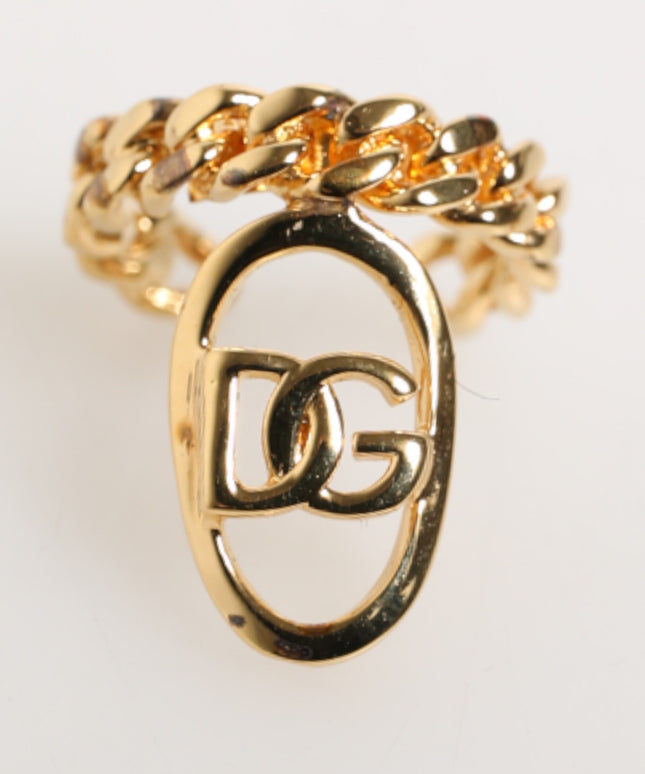 Dolce & Gabbana Gold Tone Brass Oval DG Logo Chain Adjustable Ring