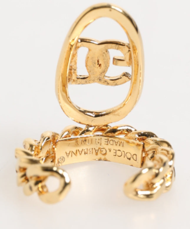 Dolce & Gabbana Gold Tone Brass Oval DG Logo Chain Adjustable Ring