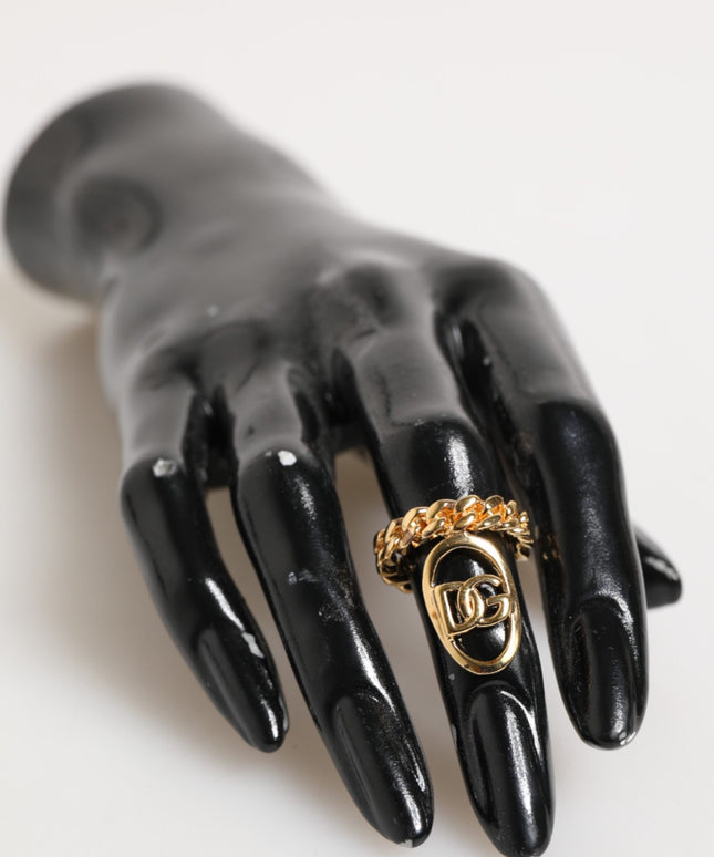 Dolce & Gabbana Gold Tone Brass Oval DG Logo Chain Adjustable Ring