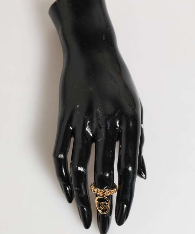 Dolce & Gabbana Gold Tone Brass Oval DG Logo Chain Adjustable Ring