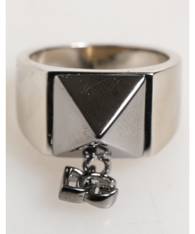 Dolce & Gabbana Silver Tone Pyramid DG Logo Real Brass Ring