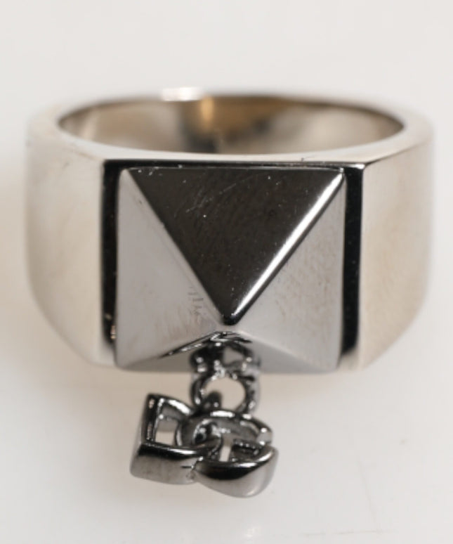 Dolce & Gabbana Silver Tone Pyramid DG Logo Real Brass Ring